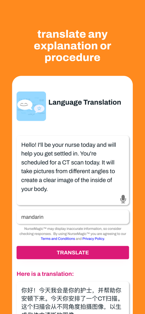 NurseMagic - The NurseMagic app interface showing a medical procedure explanation being translated from English to Mandarin