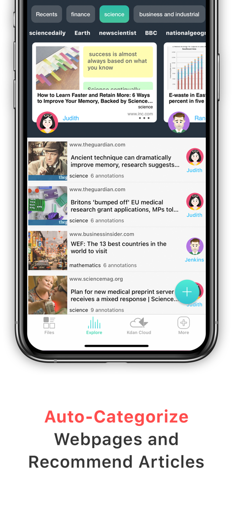 Markup Ultimate app interface showing auto-categorized webpages and personalized article recommendations