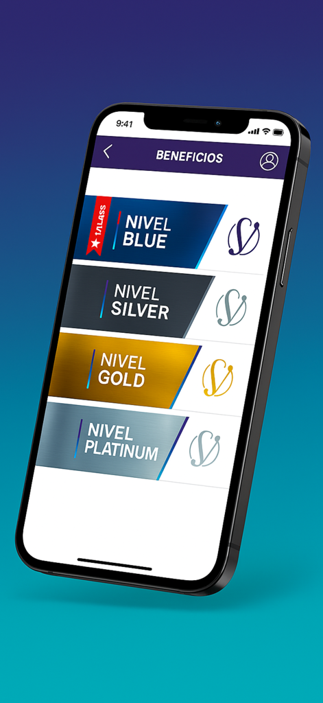 Be you Steven’s - Pantalla de la aplicación Be you Steven's que muestra los niveles de membresía de fidelización de Azul a Platino