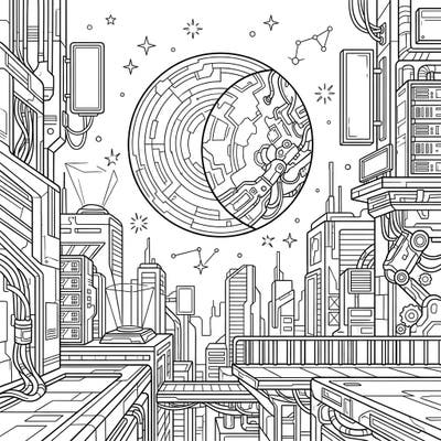 Witness a mesmerizing lunar eclipse transformed by the gritty, high-tech world of cyberpunk in this unique coloring page. Explore a futuristic city skyline adorned with intricate circuits, wires, and a mechanically enhanced moon, ready for your vibrant imagination.