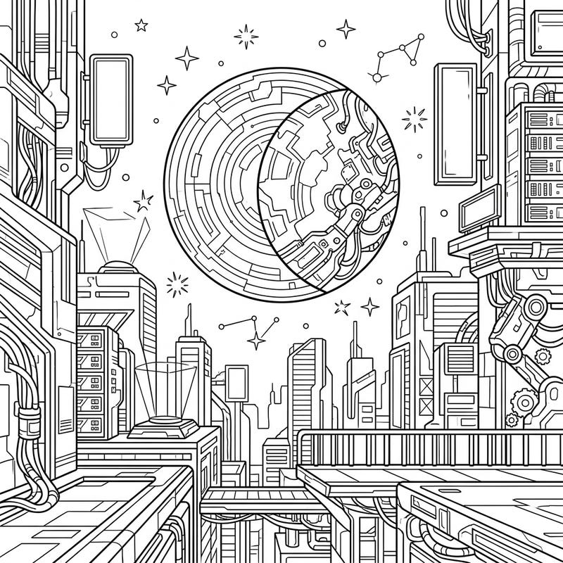 Witness a mesmerizing lunar eclipse transformed by the gritty, high-tech world of cyberpunk in this unique coloring page. Explore a futuristic city skyline adorned with intricate circuits, wires, and a mechanically enhanced moon, ready for your vibrant imagination.