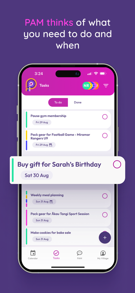 PAM: Smart Family Planner - Smartphone screen displaying the PAM app task list with reminders for family events and household chores