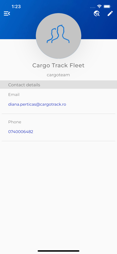 CargoTrack GPS App contact details screen showing email and phone number information