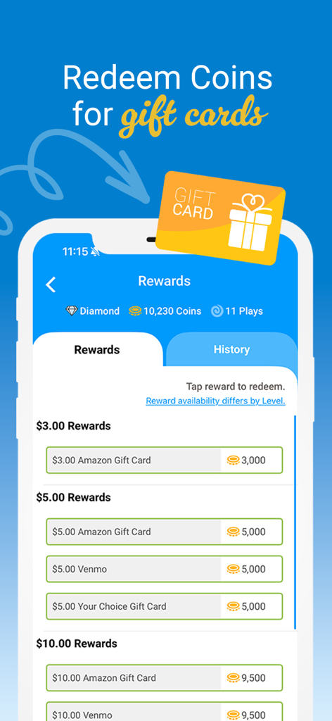 Mobile app screen showing various reward options to redeem coins for Amazon gift cards and Venmo cash.