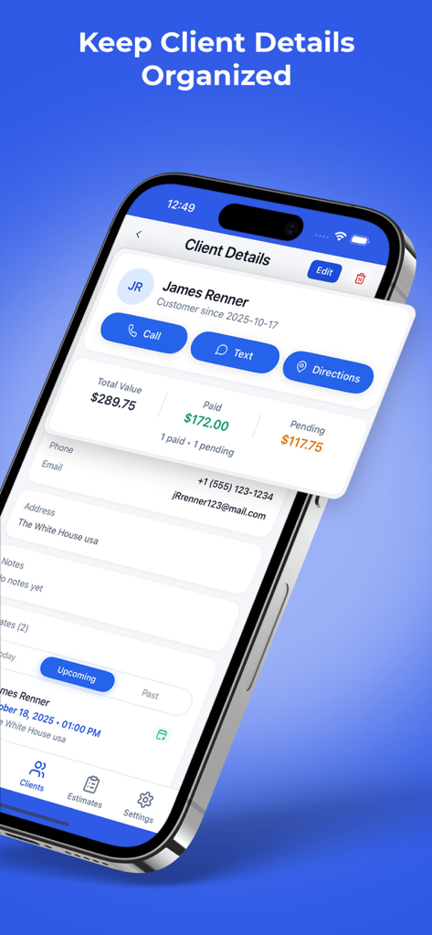 iPhone screen displaying the MaidGrow app client details page with payment history and contact options for a cleaning service