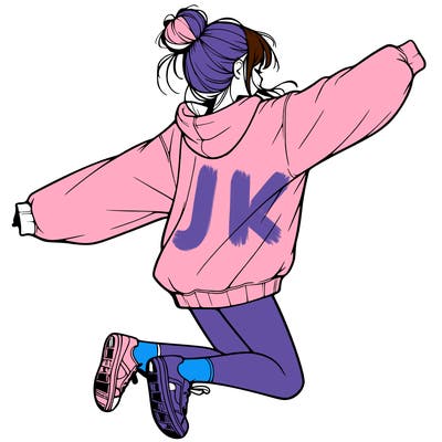 realistic girl jumping with a bun and oversized sweatshirt