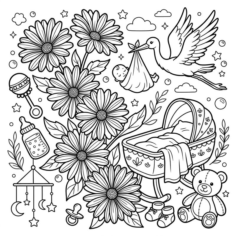 Embrace the joy of new beginnings with this charming coloring page, beautifully blending cheerful Cape daisies with classic baby shower symbols. It's a perfect artistic tribute to celebrate the arrival of a little one.