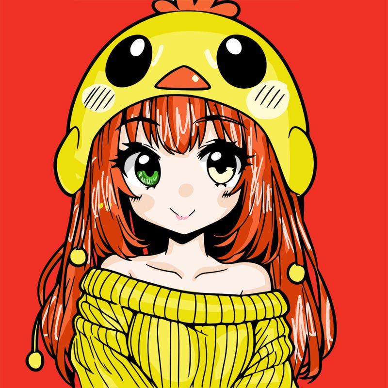anime girl with chick shaped hat with sweater with bare shoulders with bangs covering them one eye with low tail