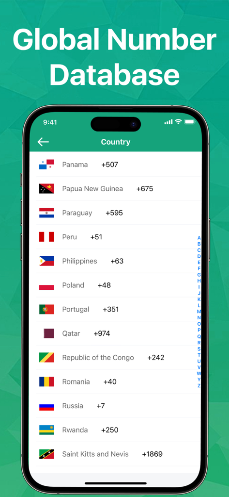 Number Book: Caller ID & Block - Lista de banderas internacionales y códigos de marcación telefónica en la aplicación Number Book.