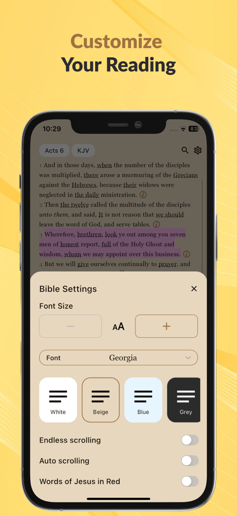 Dag Bible - Personalización de la configuración de lectura en la aplicación Biblia Dag, incluido el tamaño de fuente y los temas de color de fondo.