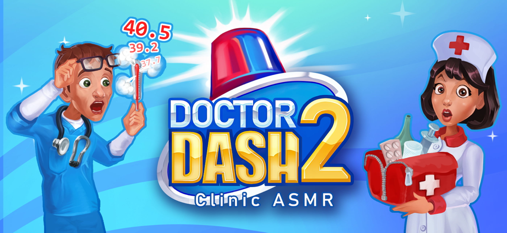 Banner promocional para Doctor Dash 2 Clinic ASMR com um médico e uma enfermeira chocados
