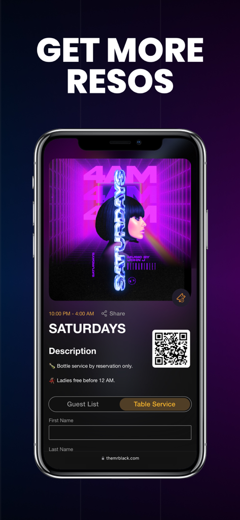 Interface of Mr. Black app showing nightclub reservation and guest list options for a Saturday event.