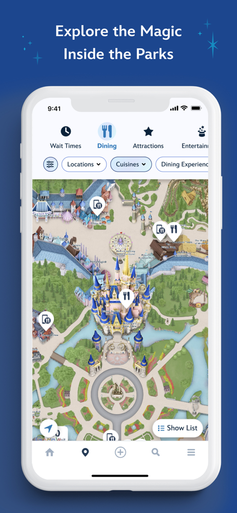 Interface do aplicativo My Disney Experience mostrando um mapa interativo do parque com locais de alimentação e filtros de navegação