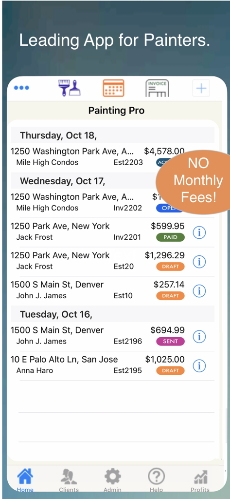 Painel do aplicativo móvel mostrando uma lista de orçamentos de trabalhos de pintura e status de faturas