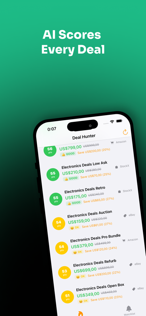 Deal Hunter: AI Shopping Deals - Deal Hunter app interface displaying AI shopping deal scores and price comparisons for electronics across various marketplaces