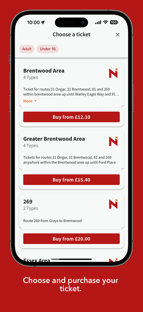 NIBS Buses - NIBS Buses mobile app interface for choosing and purchasing bus tickets for different routes in Essex.