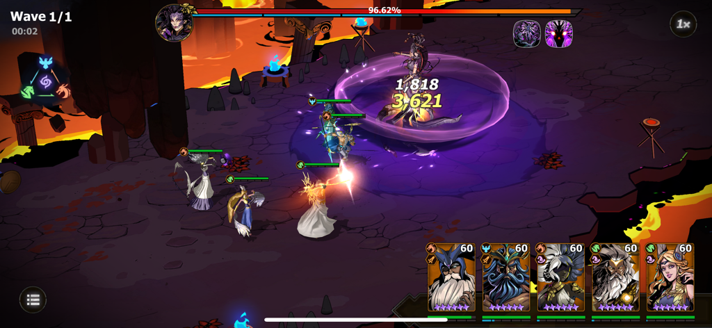 Lost Realm: Chronorift - Une bataille tactique d'équipe contre un boss dans Lost Realm Chronorift montrant des héros attaquant un ennemi géant dans un décor de dark fantasy