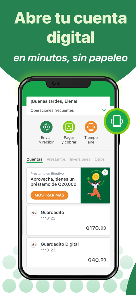 Banco Azteca Guatemala mobile App-Dashboard, das Kontostände und digitale Bankoptionen anzeigt