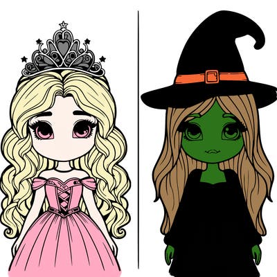 two realistic girls one princess one witch