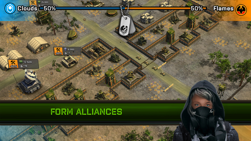 Arma Mobile Ops - Top down view of a tactical military base construction in Arma Mobile Ops with a masked character and the text Form Alliances