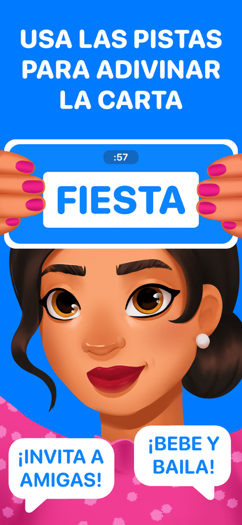A cartoon illustration of a woman playing a Spanish charades game by holding a phone to her forehead with the word Fiesta displayed.