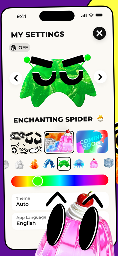 Pantalla de configuración de la aplicación de chat de voz de Voisa que muestra la personalización de personajes con un avatar de araña verde y opciones de color.