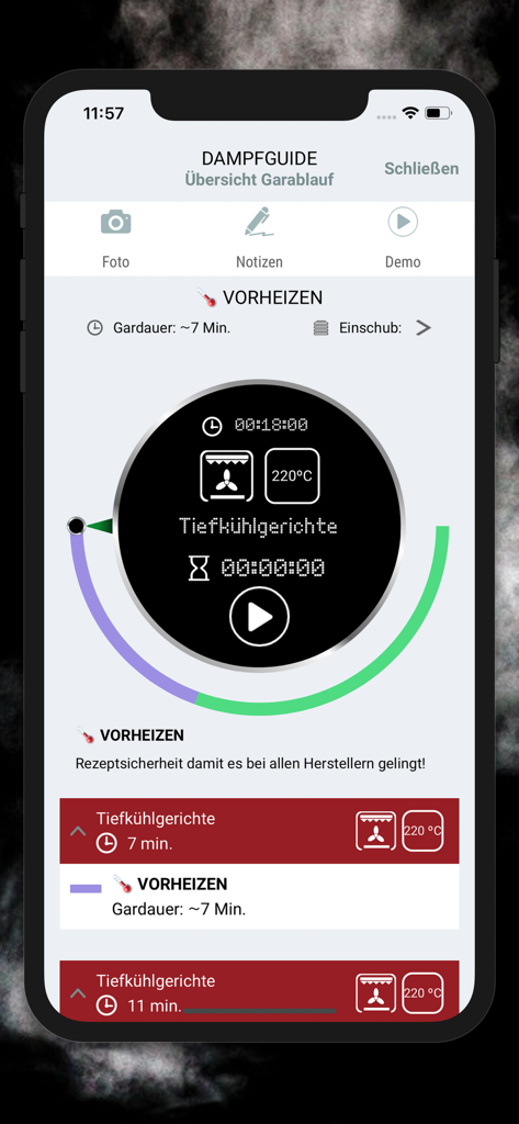 Dampfguide app screen displaying cooking timer and temperature settings for a steam oven