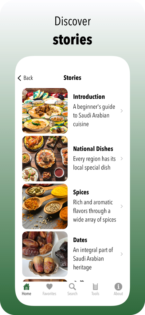 A mobile app screen titled Stories featuring sections on Saudi Arabian cuisine, national dishes, spices, and dates with descriptive images.