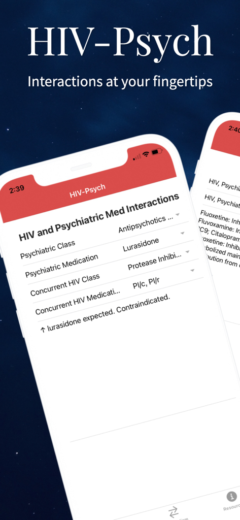 HIV-Psychiatric - Healthcare app interface showing potential drug interactions between HIV and psychiatric medications