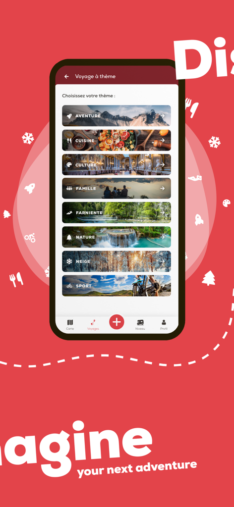 CaraMaps mobile app screen with travel themes like adventure nature and sport for motorhome travelers
