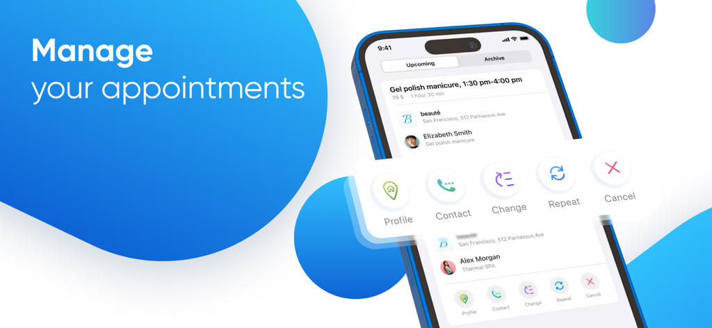 DIKIDI Online - A smartphone displaying the DIKIDI Online app interface for managing upcoming beauty salon appointments with options to contact change or cancel