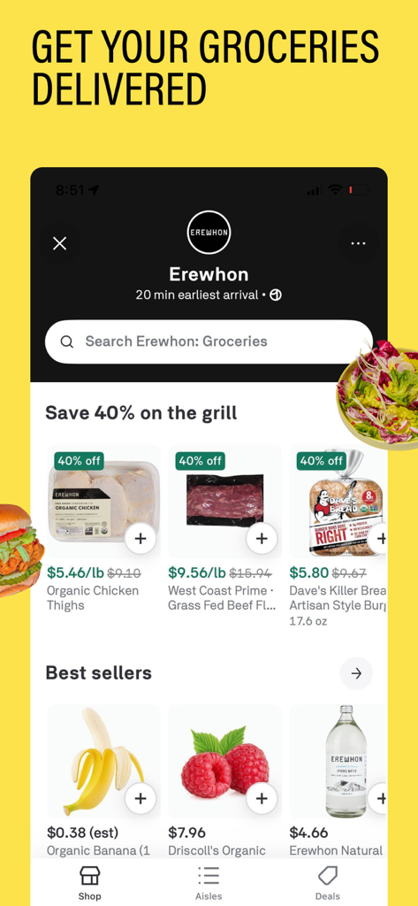 Postmates - Food Delivery - Postmates-App-Oberfläche mit Erewhon-Lebensmittellieferoptionen, einschließlich Bio-Produkten und Fleisch.