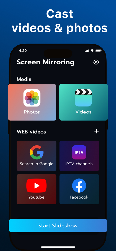 Screen Mirroring &‎ TV Cast - Interfaz de aplicación móvil que muestra opciones para transmitir fotos, videos y contenido web como YouTube a un televisor.