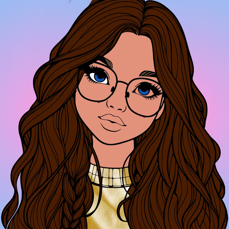 girl with long hair and freckles and glasses realistic