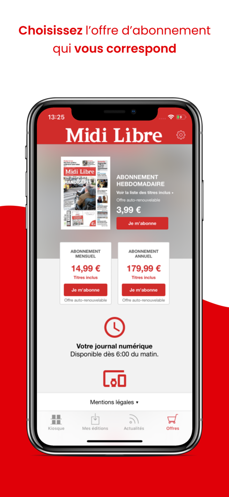 Midi Libre Le Journal - Midi Libre mobile app screen displaying weekly monthly and annual subscription plans