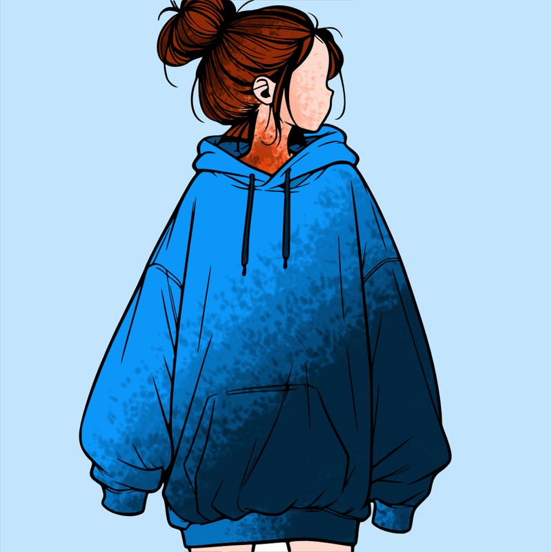 realistic girl with a oversized sweatshirt on and a bun