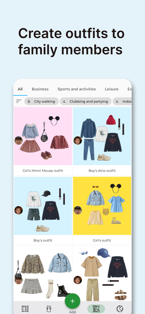 GetWardrobe Outfit Planner - Interface of the GetWardrobe app showing curated clothing sets for family members and children