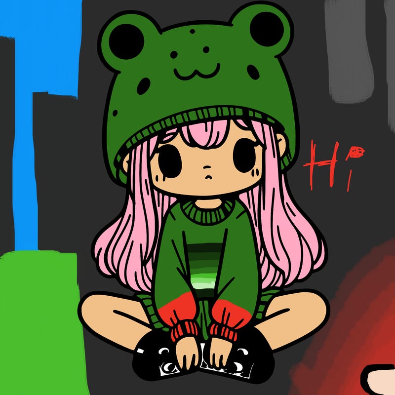 a girl wearing a frog hat and some frog socks