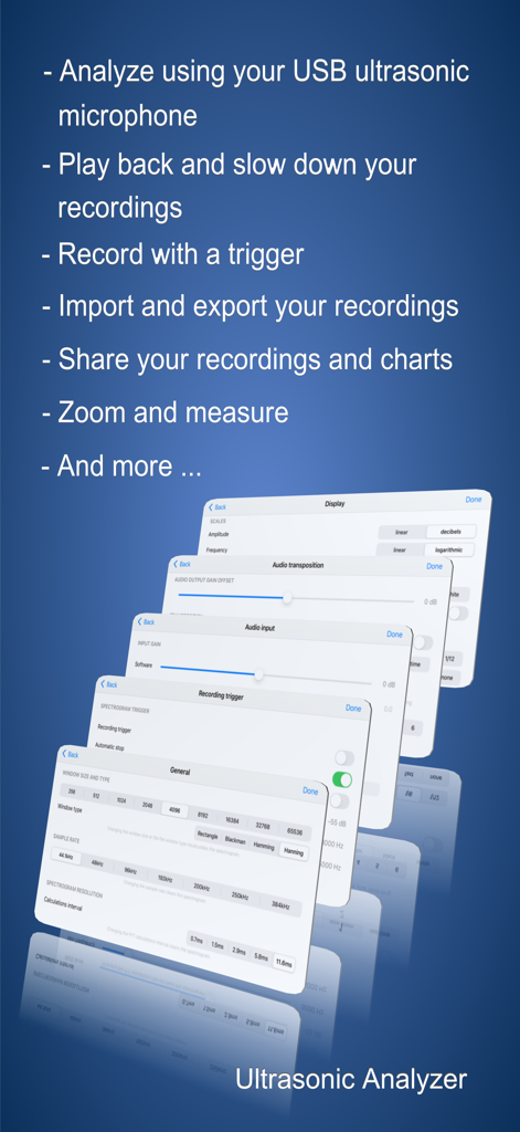 List of features and configuration settings for the Ultrasonic Analyzer app