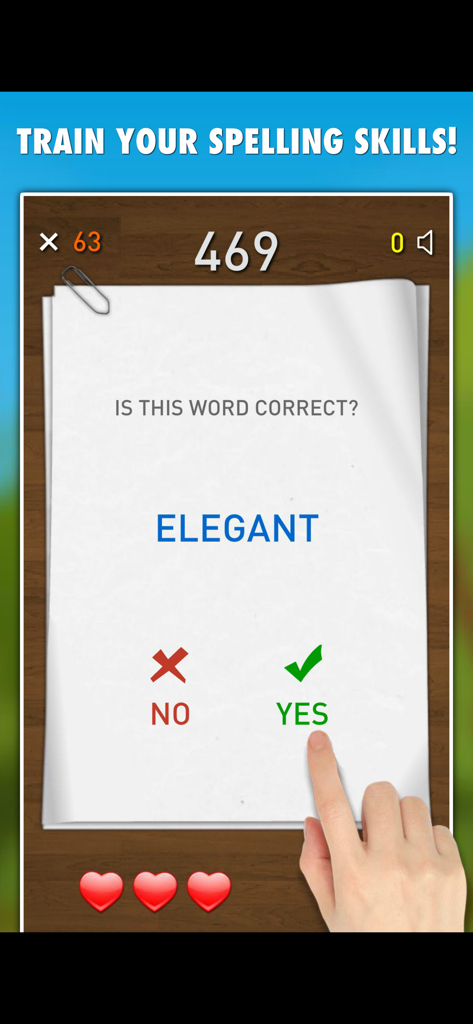 A mobile game interface showing a spelling test question for the word elegant with yes and no options.