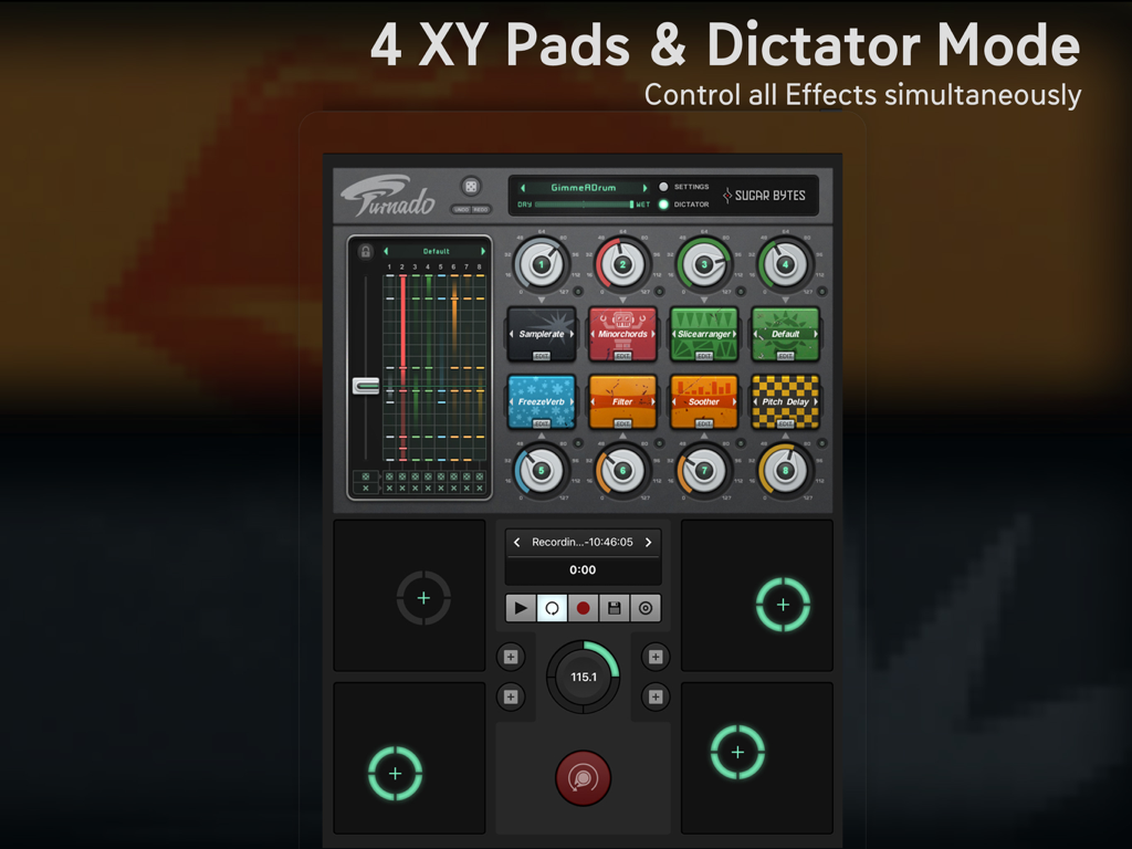 Turnado app interface showing XY pads and Dictator mode for controlling multiple music effects.