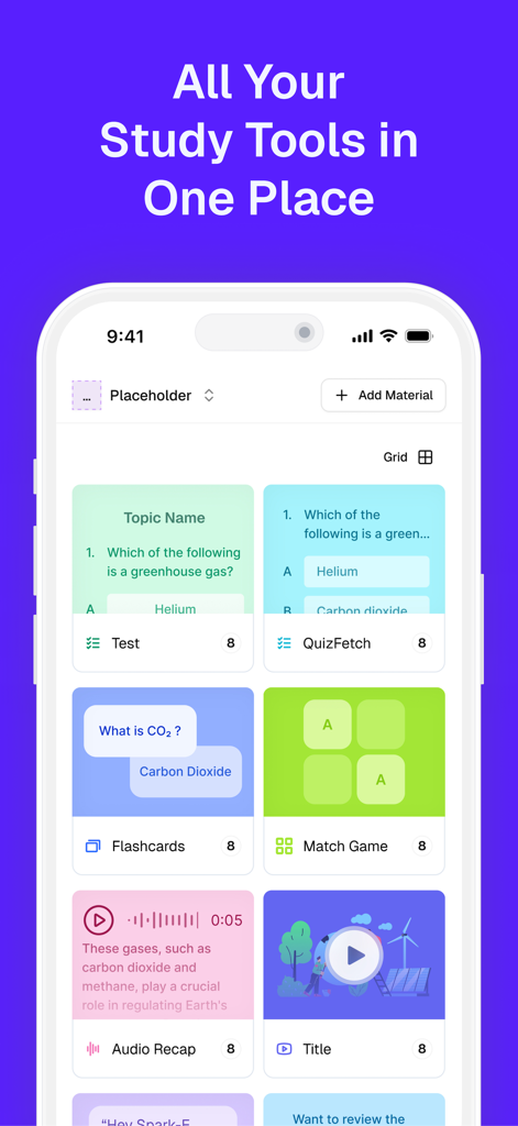 StudyFetch: Make Learning Easy - Painel do aplicativo StudyFetch exibindo várias ferramentas de estudo, incluindo quizzes de flashcards e resumos em áudio