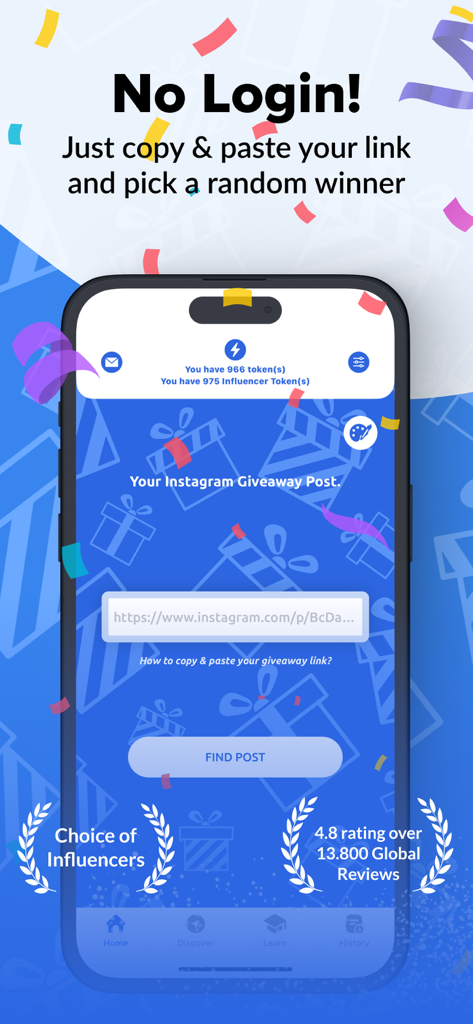 Easy Giveaway Comment Picker - Easy Giveaway mobile app screen showing the no login feature to pick an Instagram winner by pasting a link