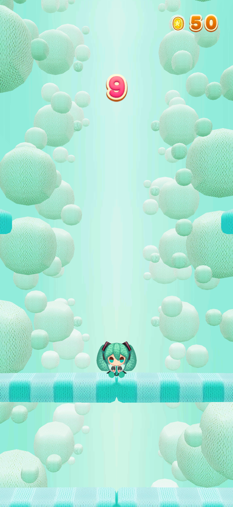Hatsune Miku Amiguru Jump - A cute knitted Hatsune Miku character standing on a platform in a casual mobile jumping game