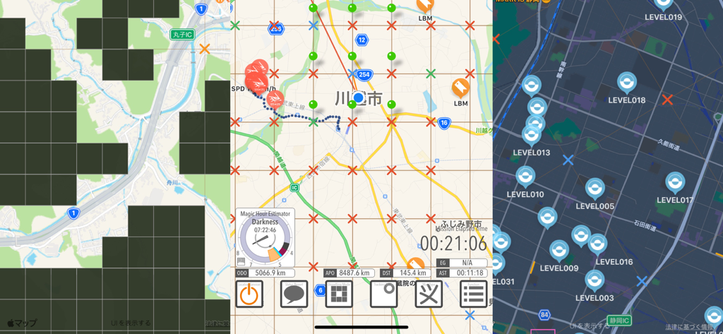 Bucephalas Tabula rasa - Screenshots of the Bucephalas Tabula rasa app showing map navigation with the unknotting mission grid and technical cycling data overlays.
