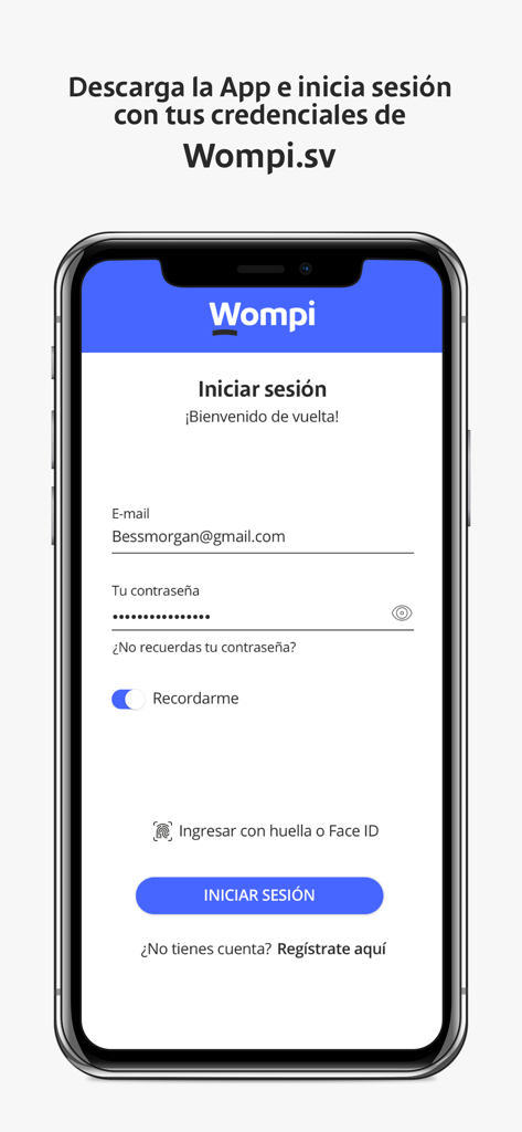 Wompi - Schermata di accesso dell'app di pagamento Wompi su un dispositivo mobile che mostra i campi di inserimento email e password