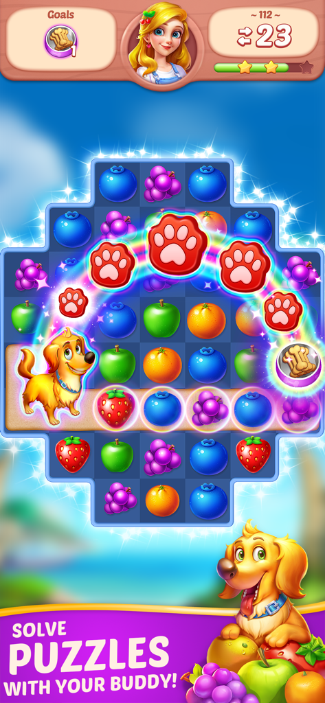 Gameplay screen of Fruit Diary showing a match-3 puzzle with a cute puppy buddy