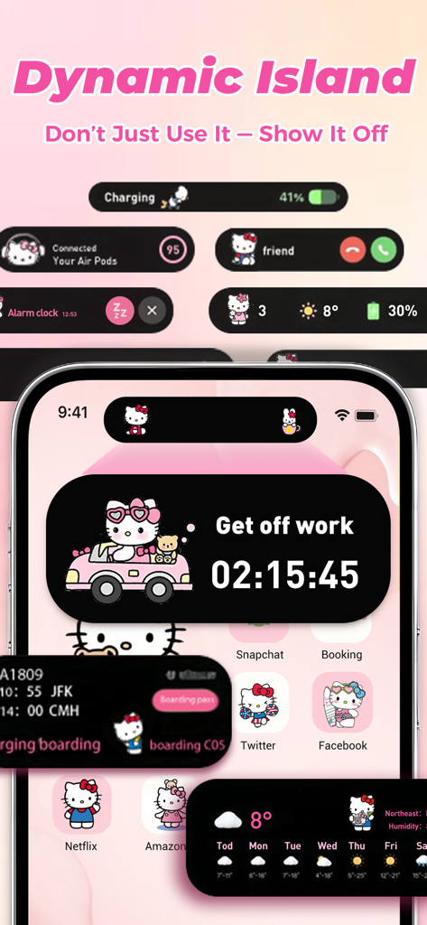 Dynamic Dash - Widget & Theme - Dynamic Island 및 홈 화면 맞춤 설정을 위한 귀여운 고양이 캐릭터 위젯을 특징으로 하는 분홍색 iPhone 화면