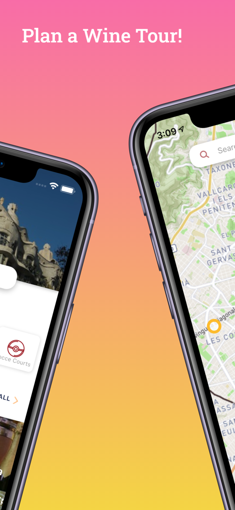 Interfaz de la aplicación móvil WineMaps para planificar un tour de vino con mapa interactivo.