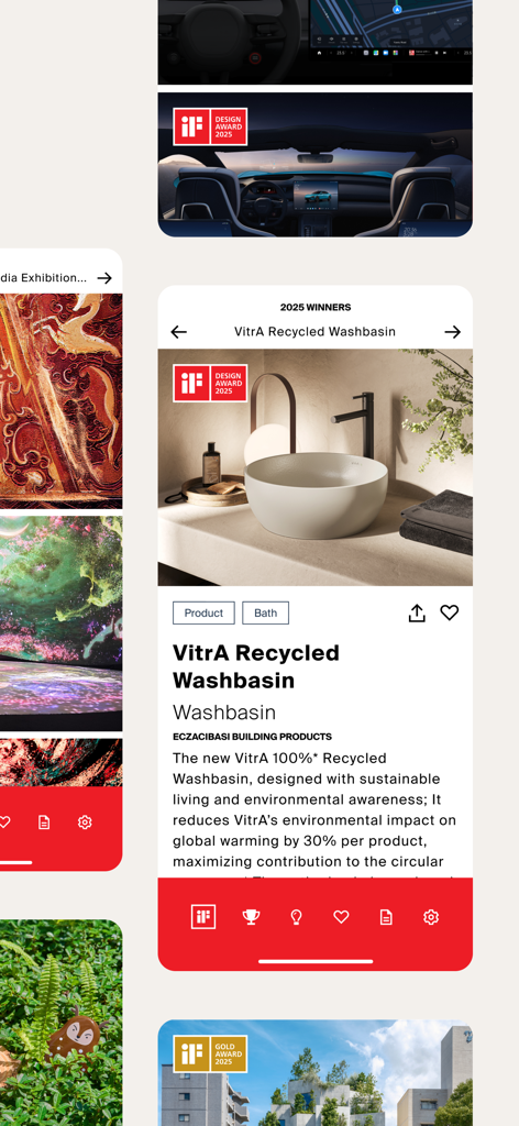 Interface of the iF Daily Design app showing 2025 design award winners in categories like product design and architecture.
